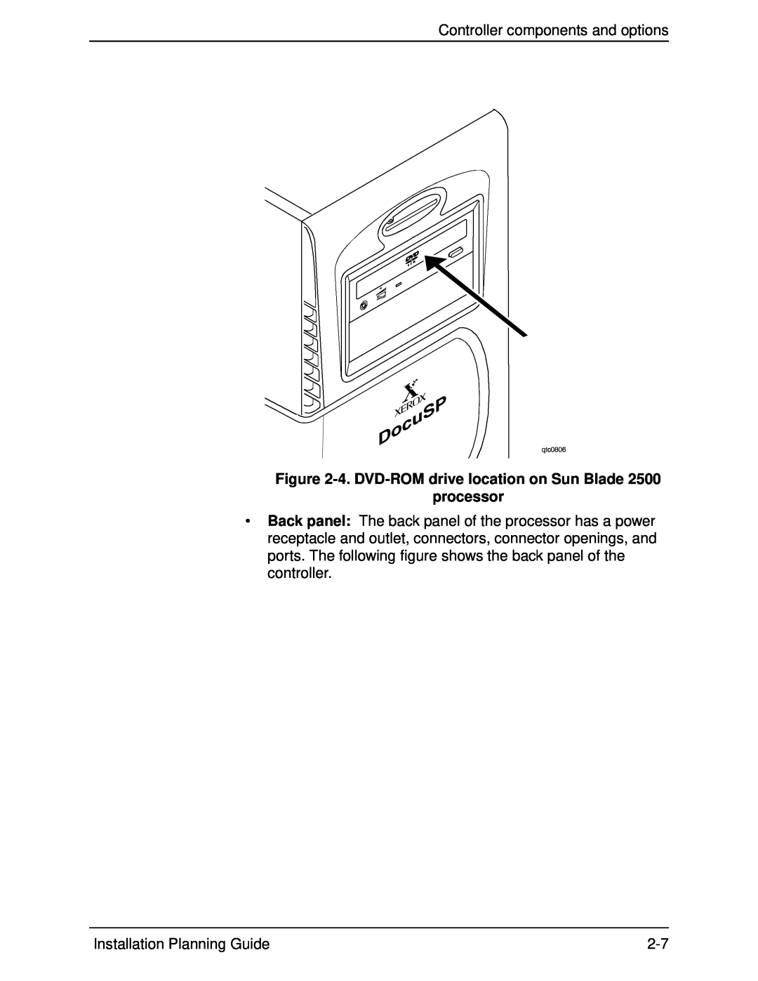 Xerox 115 Controller components and options, 4. DVD-ROM drive location on Sun Blade processor, Installation Planning Guide 