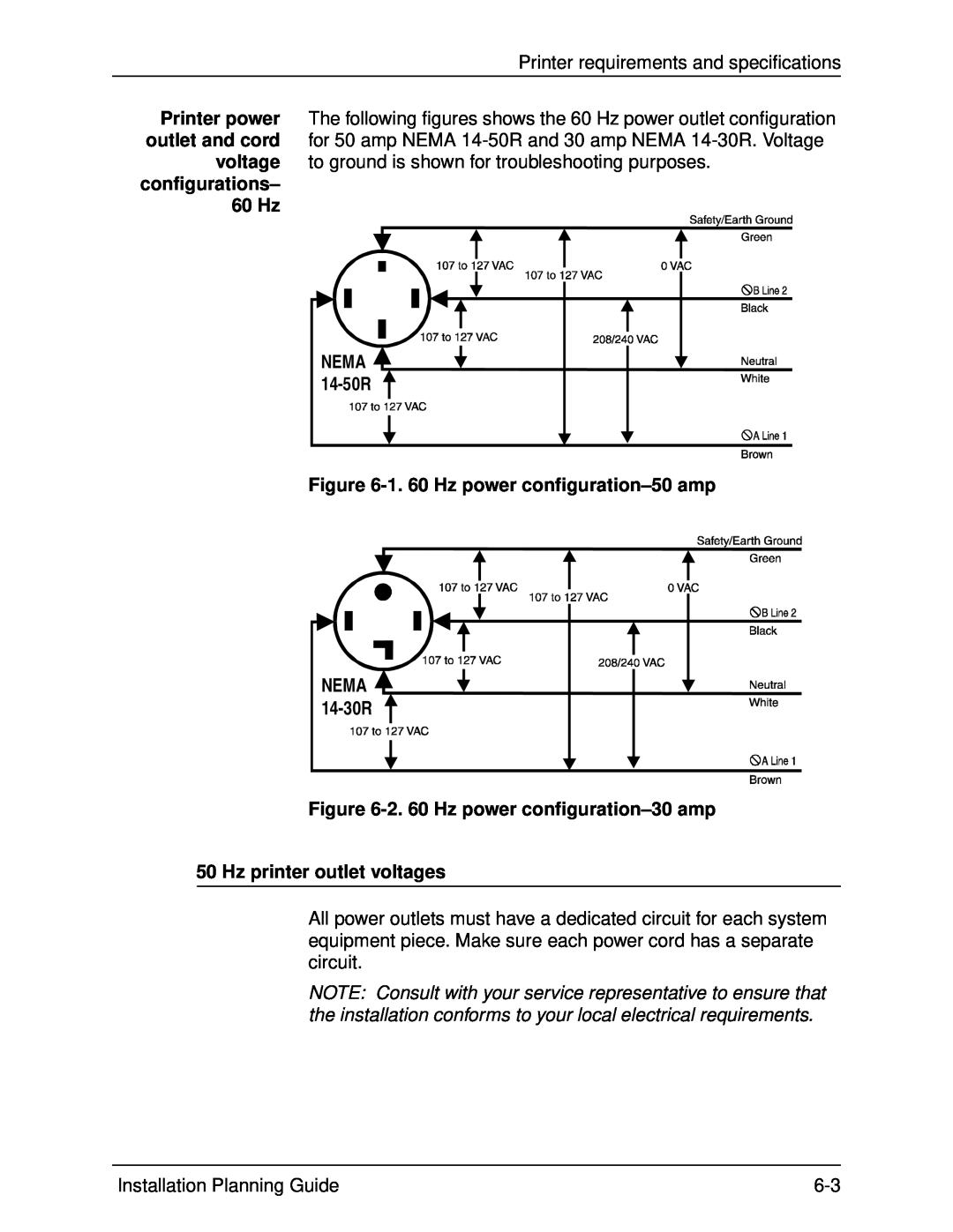 Xerox 115, 100 1. 60 Hz power configuration-50 amp, 2. 60 Hz power configuration-30 amp, Hz printer outlet voltages 