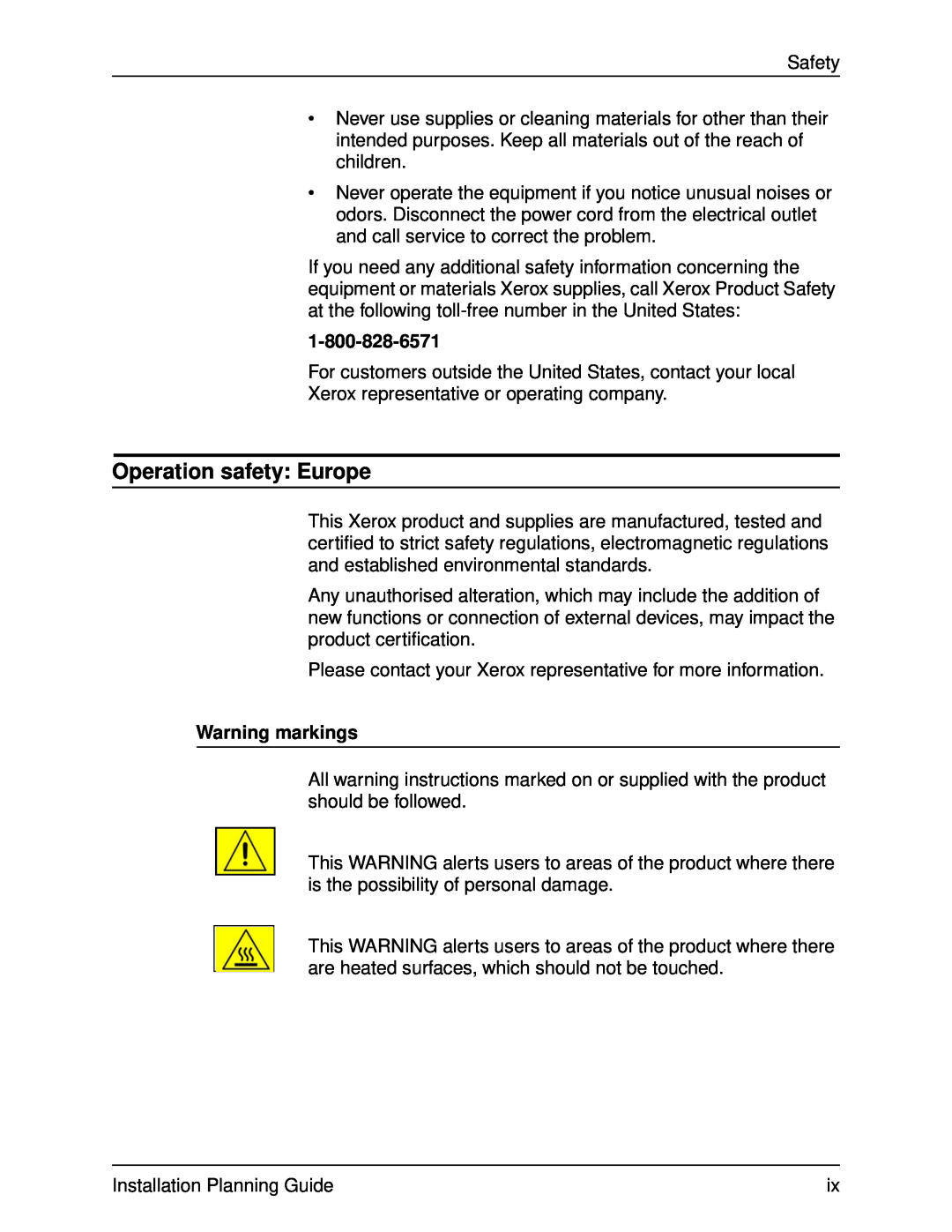 Xerox 155, 100, 135, 115 manual Operation safety Europe, Warning markings 