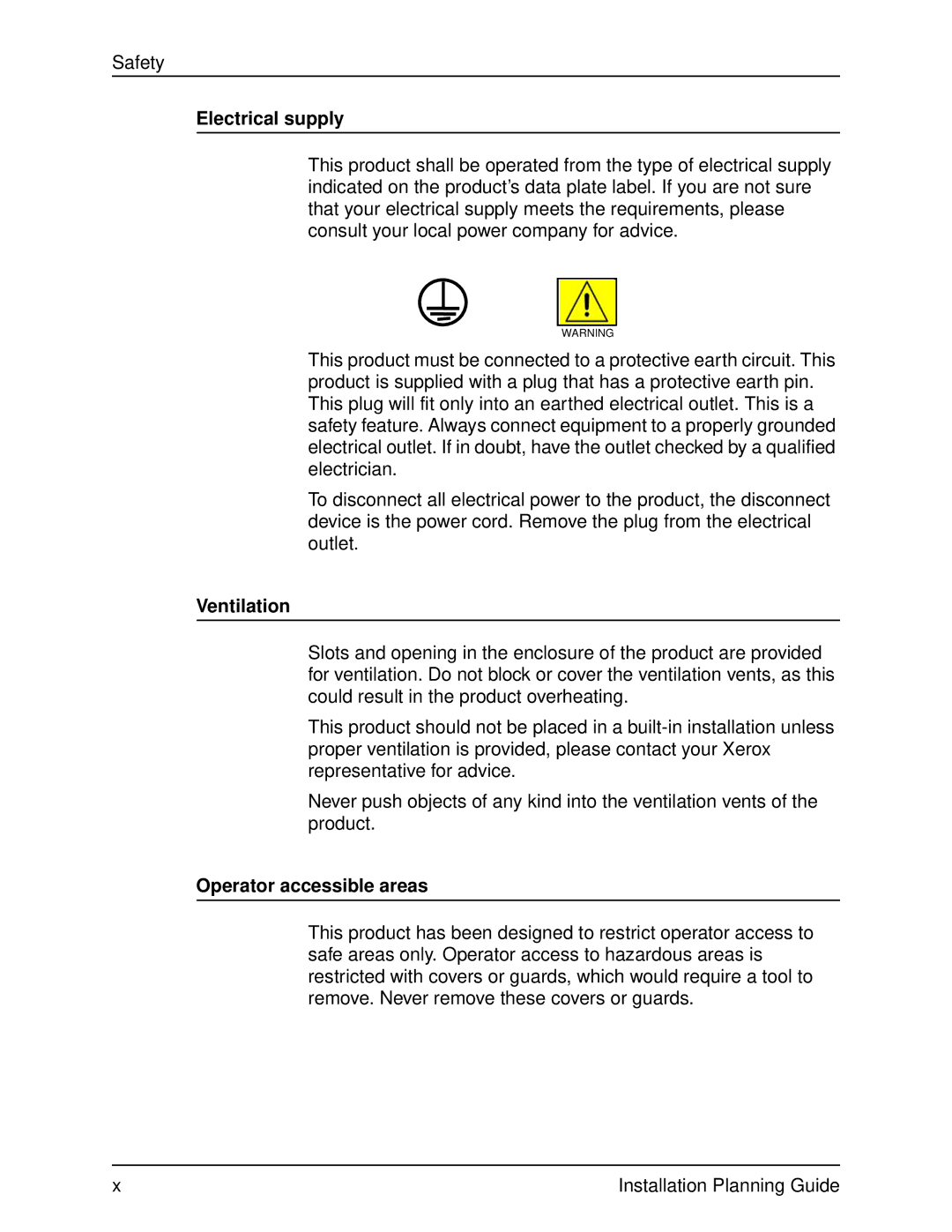 Xerox 135, 100, 155, 115 manual Electrical supply, Ventilation, Operator accessible areas 