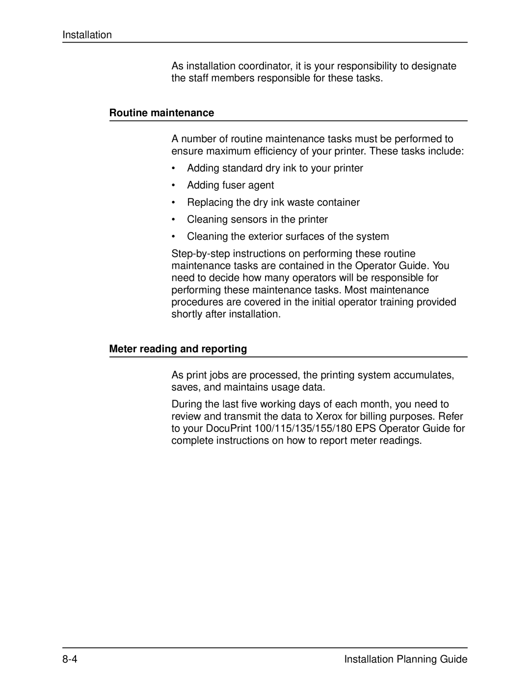 Xerox 135, 100, 155, 115 manual Routine maintenance, Meter reading and reporting 