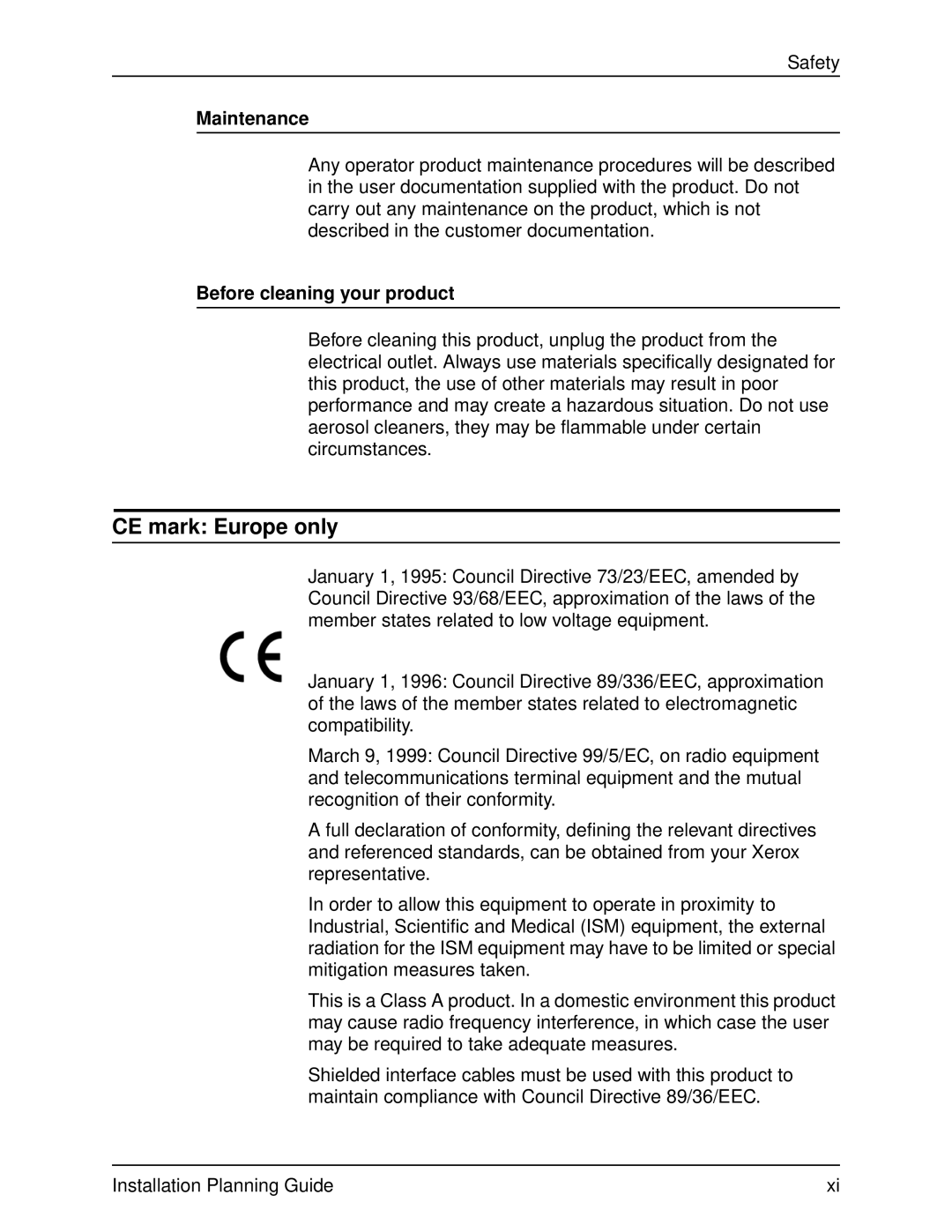 Xerox 115, 100, 155, 135 manual CE mark Europe only, Maintenance, Before cleaning your product 