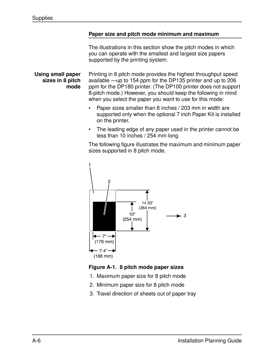 Xerox 100, 155, 135, 115 manual Paper size and pitch mode minimum and maximum, Figure A-1 pitch mode paper sizes 