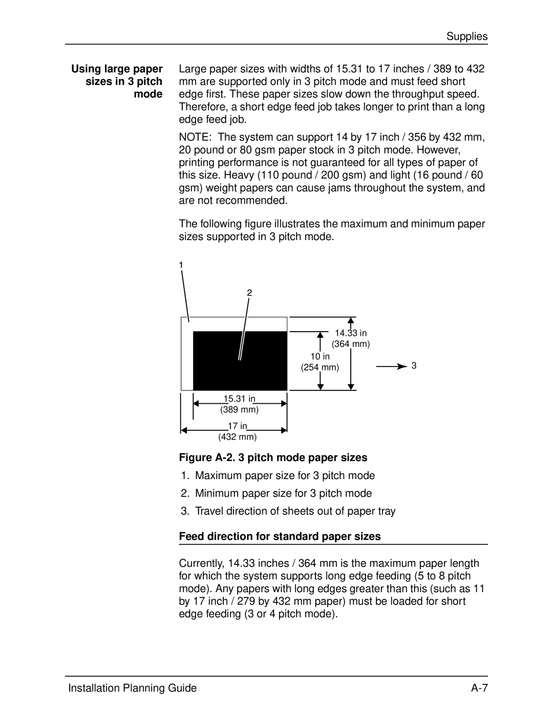 Xerox 155, 100, 135, 115 manual Figure A-2 pitch mode paper sizes, Feed direction for standard paper sizes 