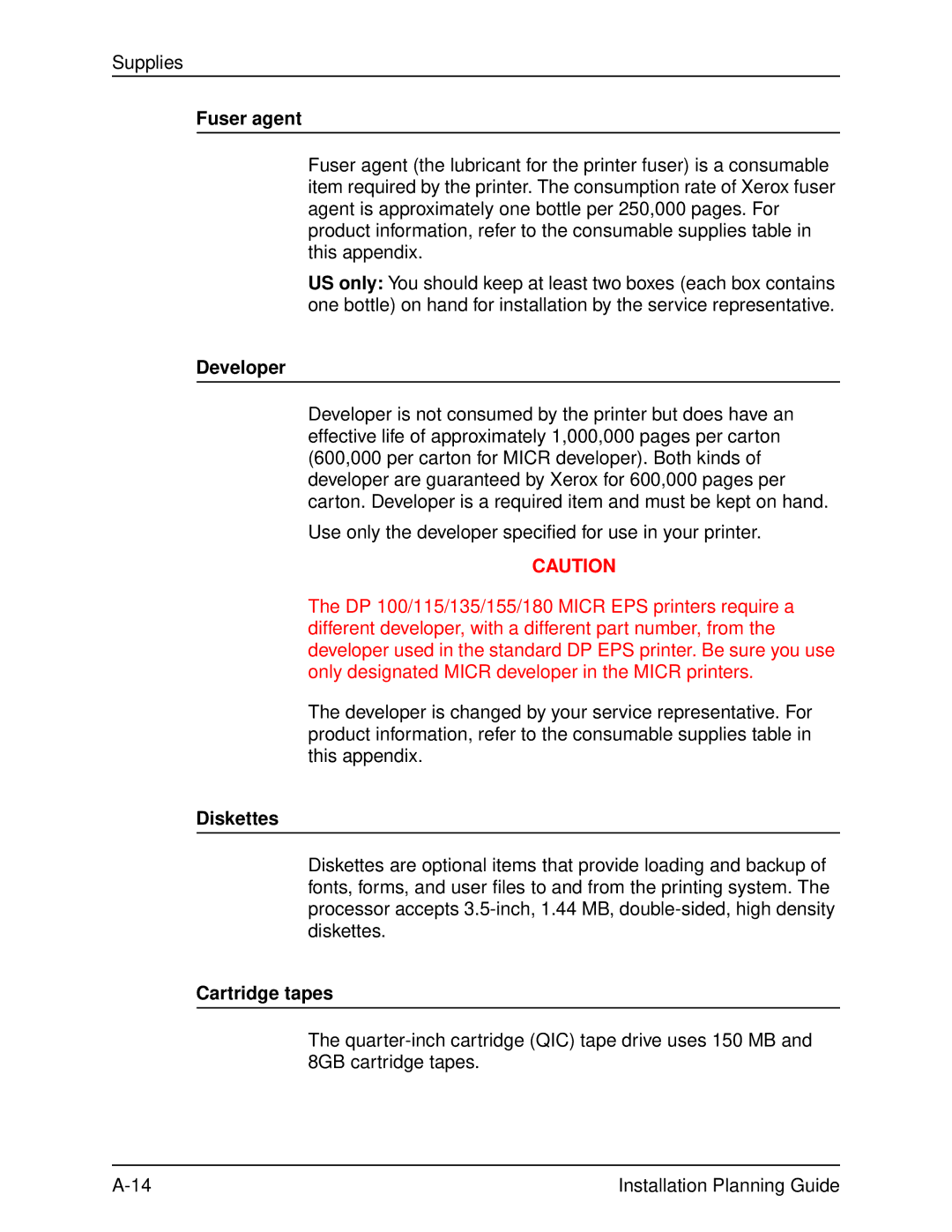 Xerox 100, 155, 135, 115 manual Fuser agent, Developer, Diskettes, Cartridge tapes 