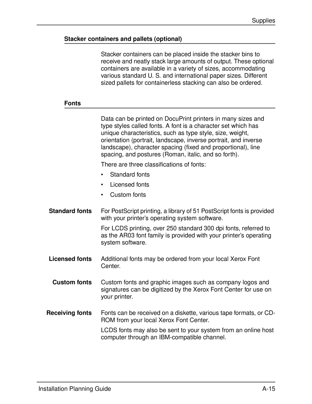 Xerox 155, 100, 135, 115 manual Stacker containers and pallets optional, Fonts 