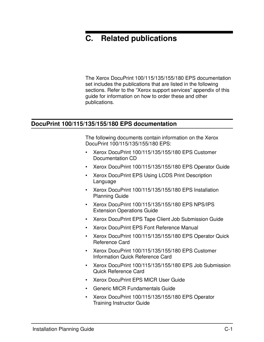 Xerox manual Related publications, DocuPrint 100/115/135/155/180 EPS documentation 