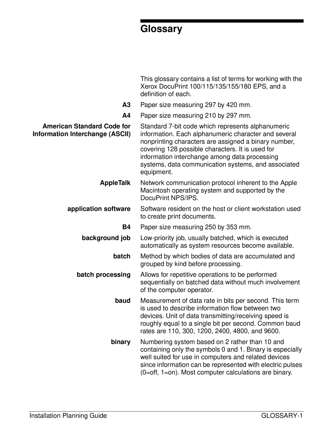 Xerox 155, 100, 135, 115 manual Glossary, GLOSSARY-1 