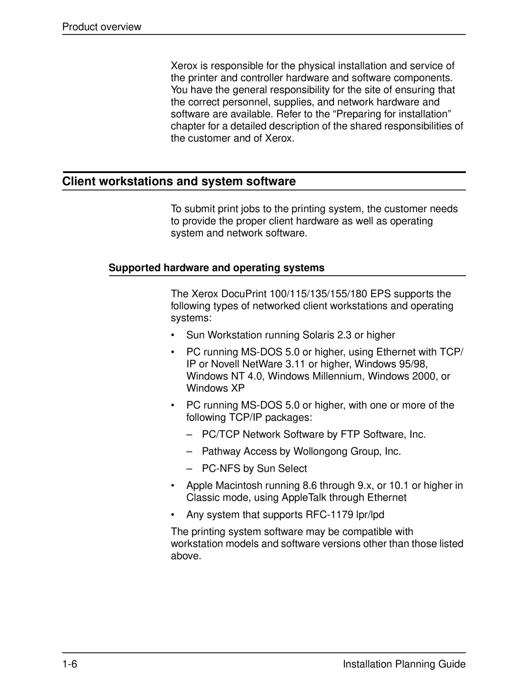 Xerox 100, 155, 135, 115 manual Client workstations and system software, Supported hardware and operating systems 