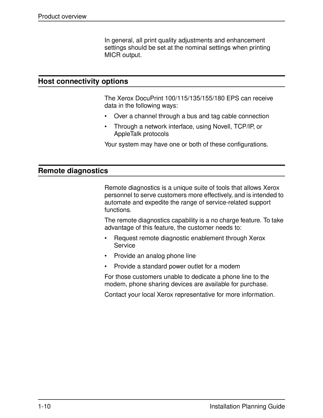 Xerox 100, 155, 135, 115 manual Host connectivity options, Remote diagnostics 