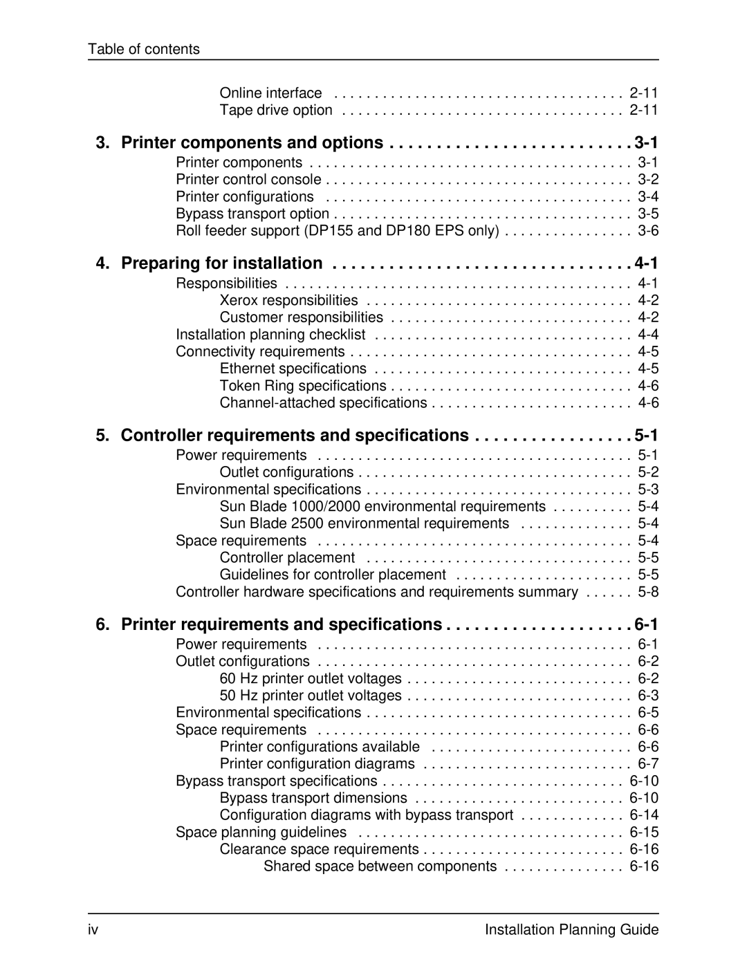 Xerox 100, 155, 135 Printer components and options, Preparing for installation, Controller requirements and specifications 