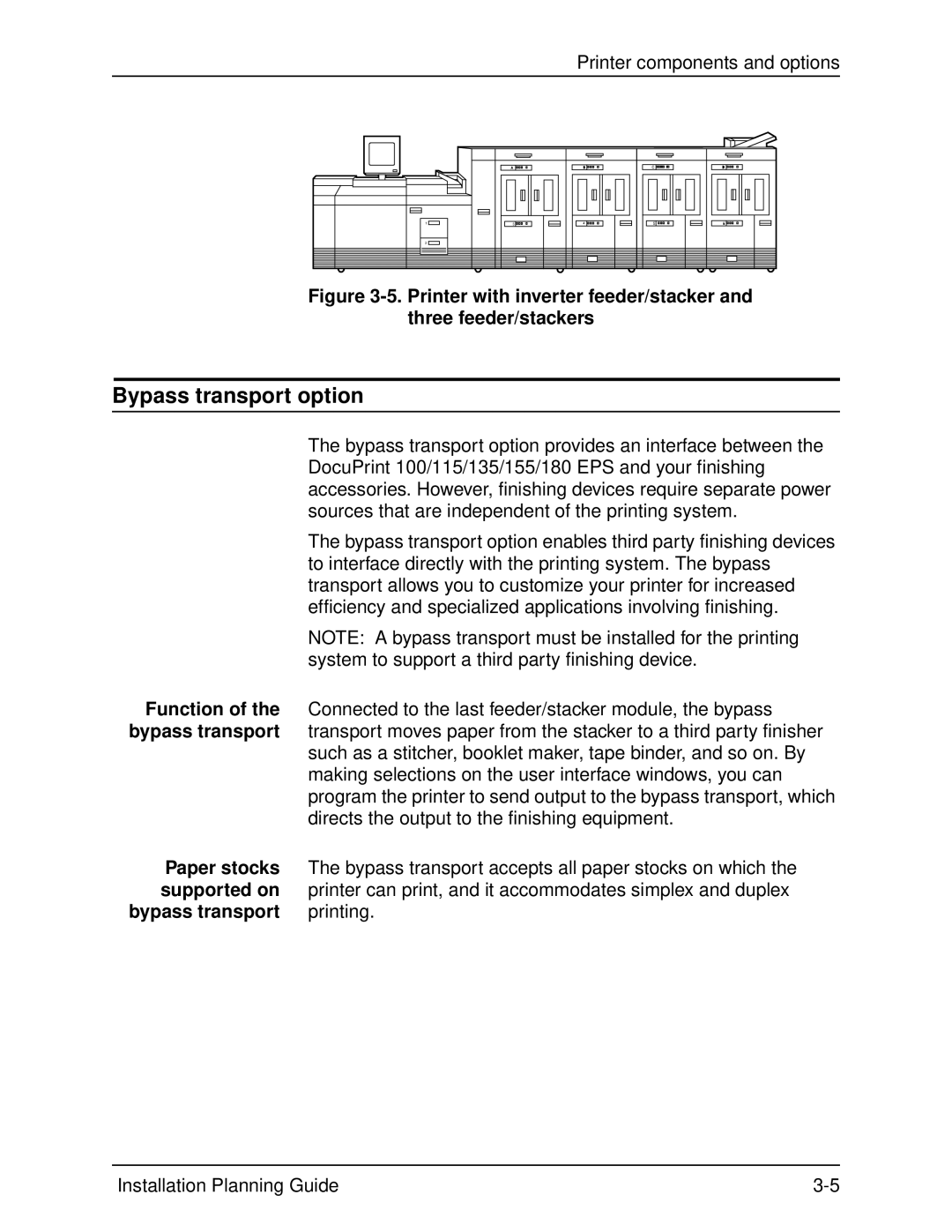 Xerox 155, 100, 135, 115 manual Bypass transport option, Function, Paper stocks, Supported on 