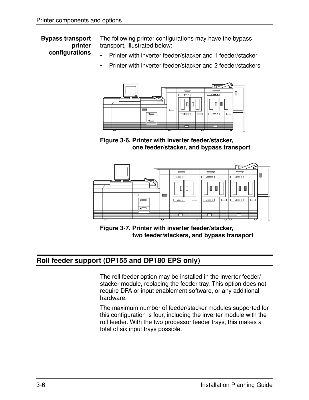 Xerox 135, 100, 115 manual Roll feeder support DP155 and DP180 EPS only, Bypass transport printer configurations 