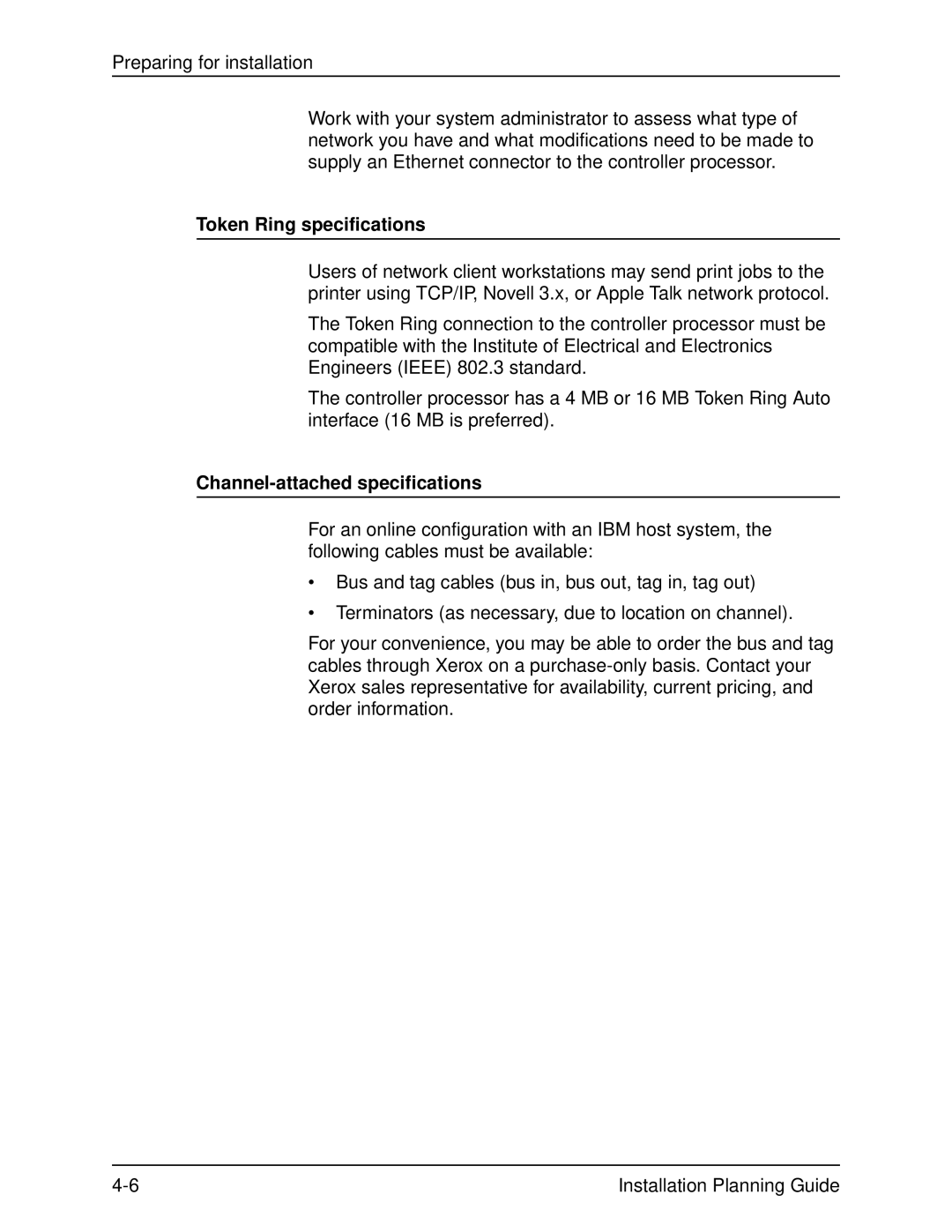 Xerox 100, 155, 135, 115 manual Token Ring specifications, Channel-attached specifications 