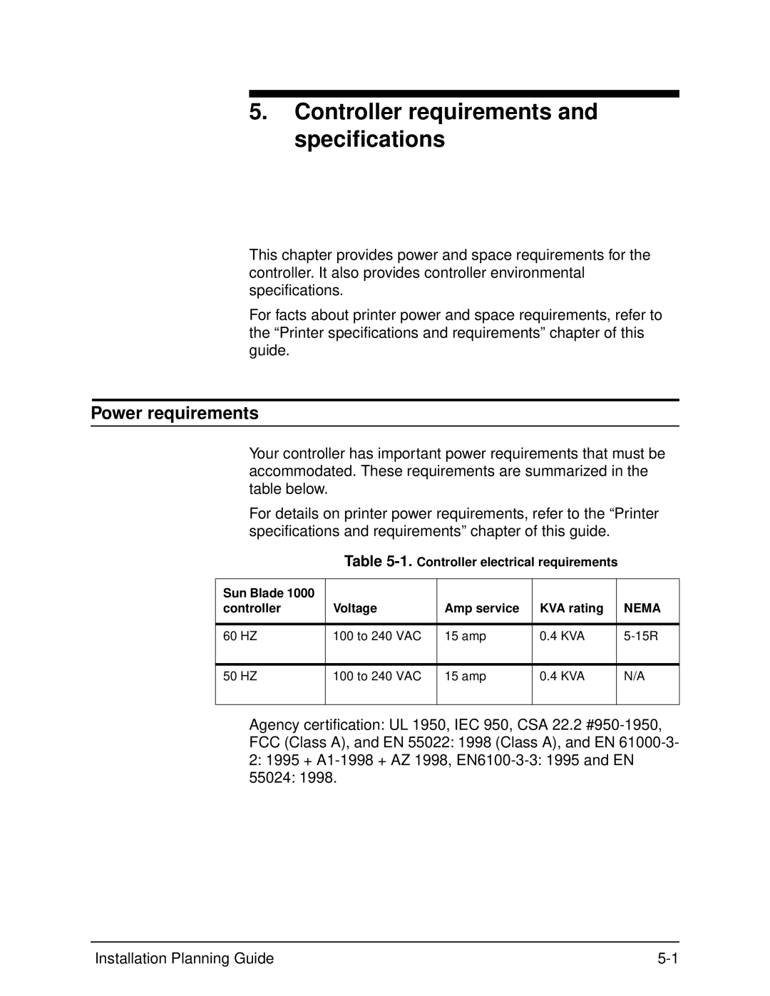 Xerox 155, 100, 135, 115 manual Controller requirements and specifications, Power requirements 