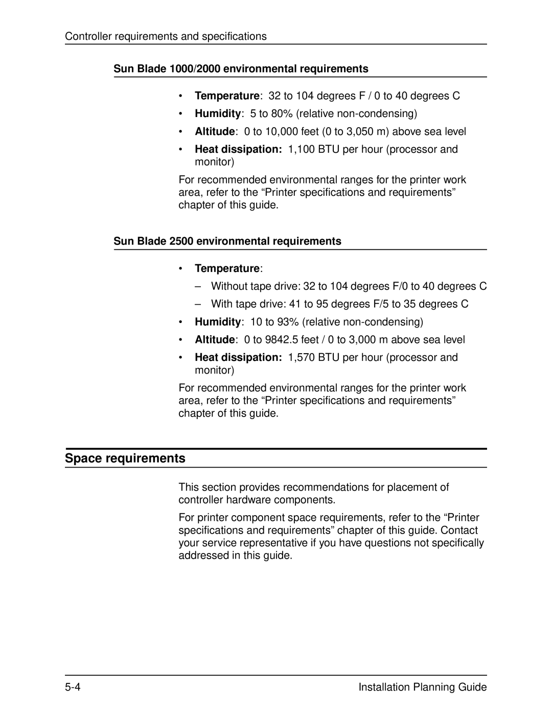 Xerox 155, 135, 115 manual Space requirements, Sun Blade 1000/2000 environmental requirements 