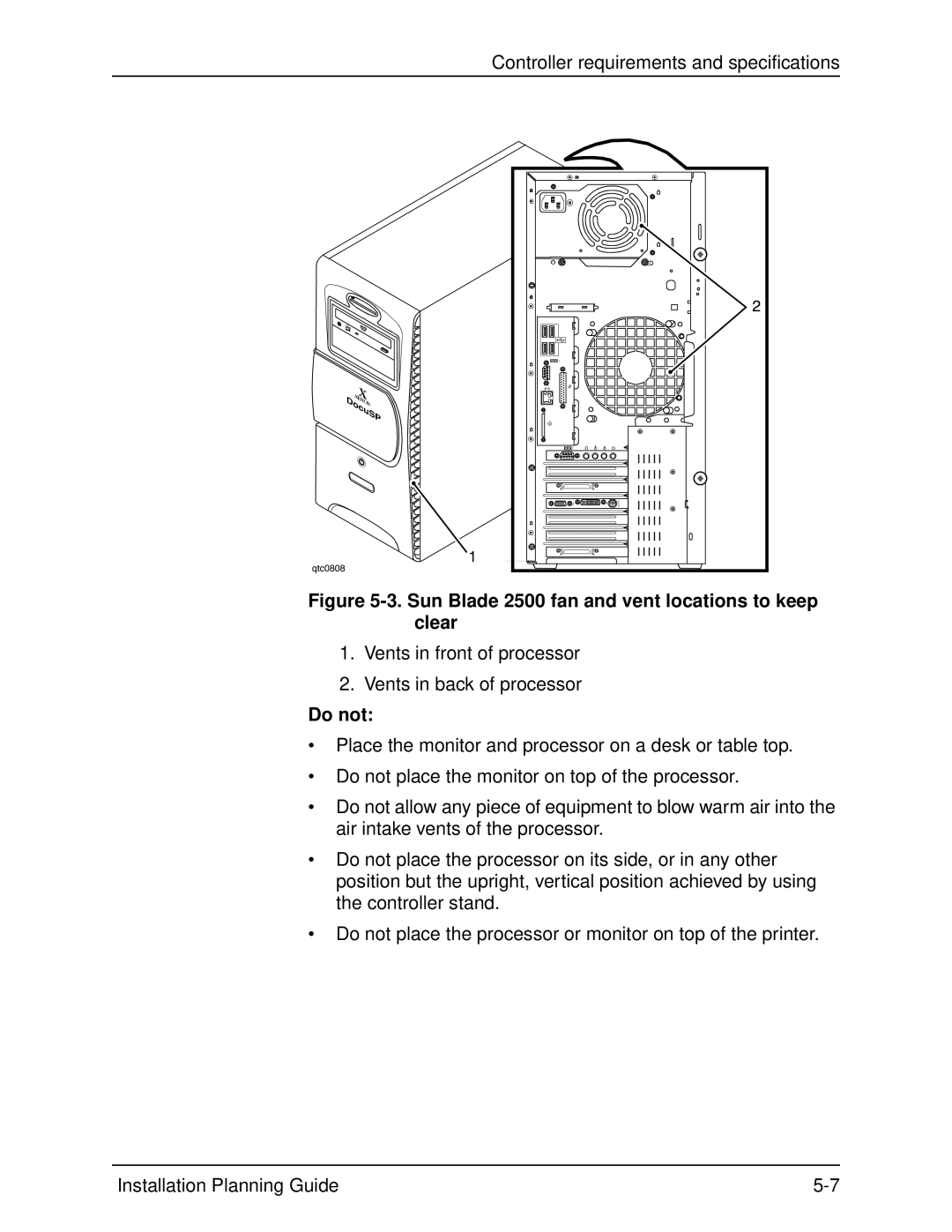 Xerox 115, 100, 155, 135 manual Sun Blade 2500 fan and vent locations to keep clear, Do not 