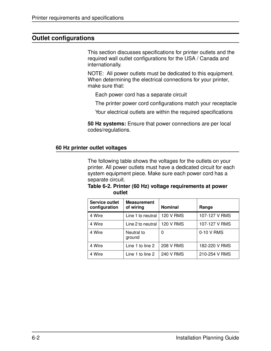 Xerox 135, 100, 155 Outlet configurations, Hz printer outlet voltages, Printer 60 Hz voltage requirements at power outlet 