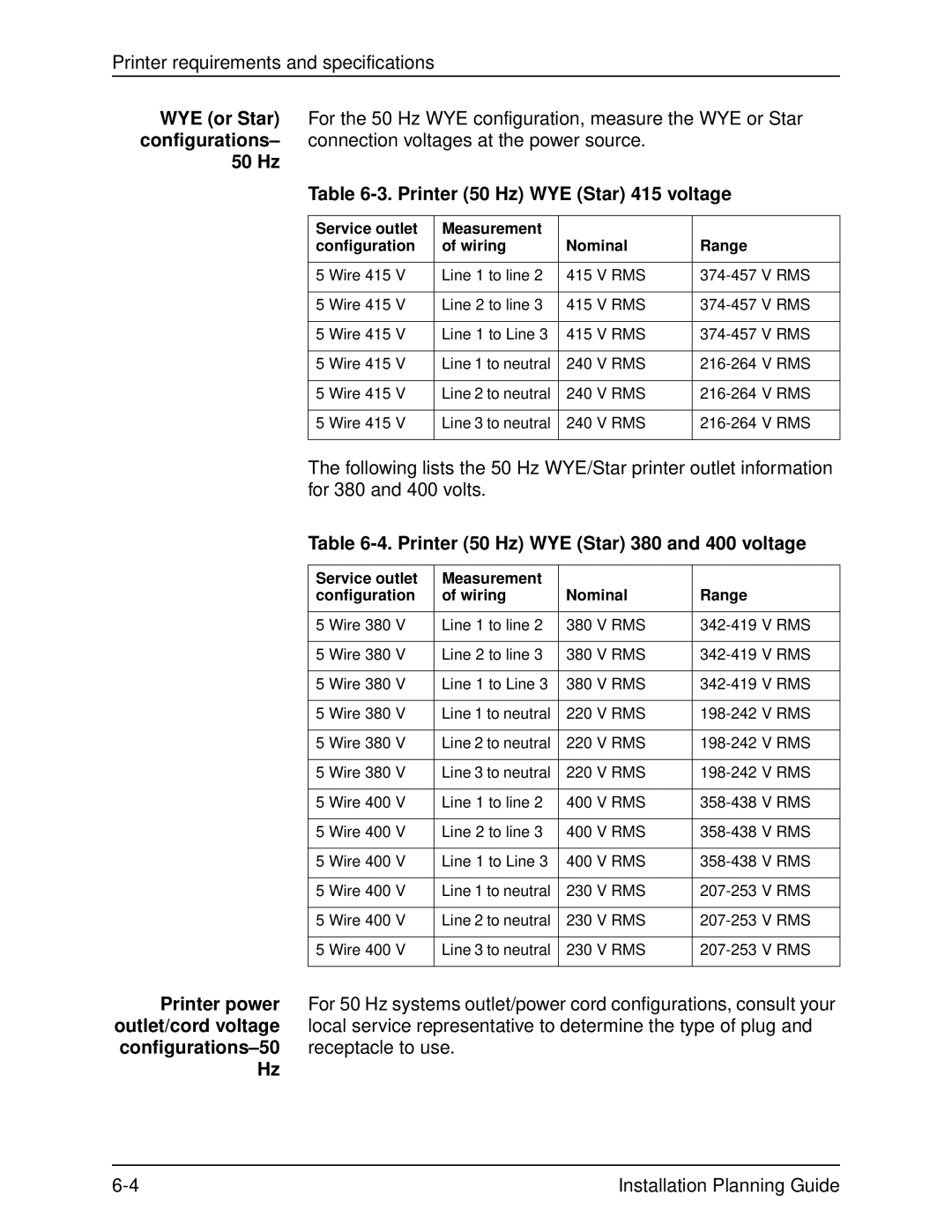 Xerox 100, 155, 135, 115 manual Hz Printer 50 Hz WYE Star 415 voltage, Printer 50 Hz WYE Star 380 and 400 voltage 