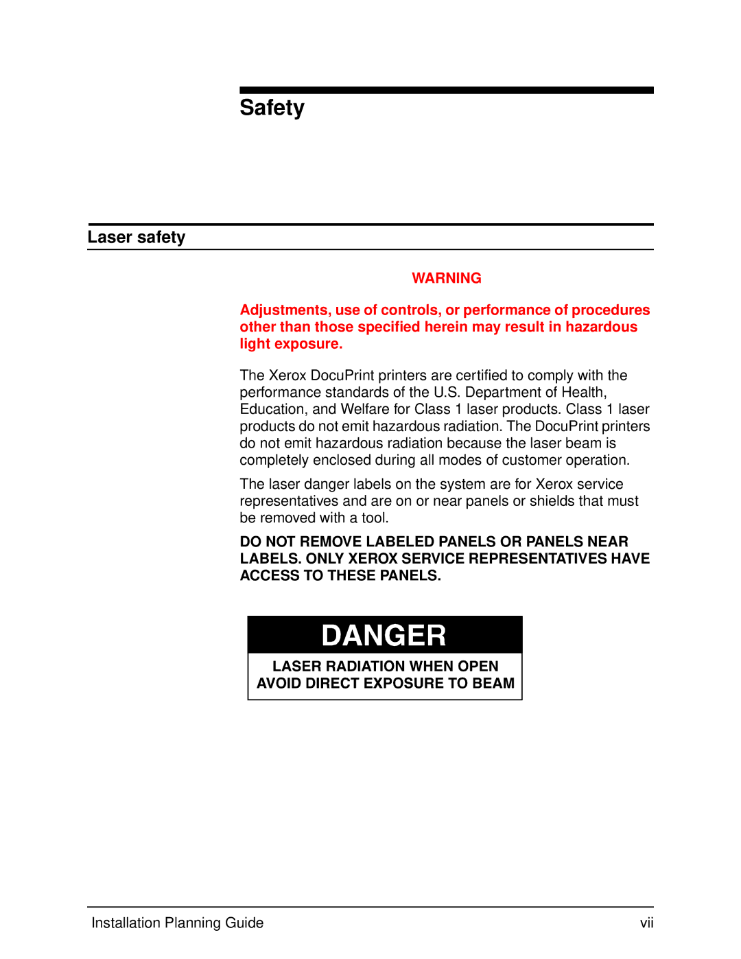 Xerox 115, 100, 155, 135 manual Safety, Laser safety 