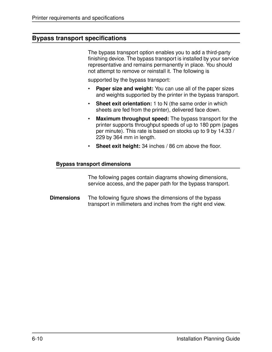 Xerox 135, 100, 155, 115 manual Bypass transport specifications, Bypass transport dimensions 