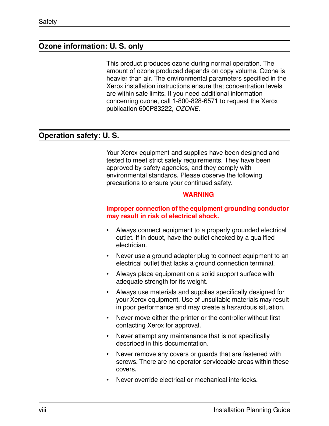 Xerox 100, 155, 135, 115 manual Ozone information U. S. only, Operation safety U. S 