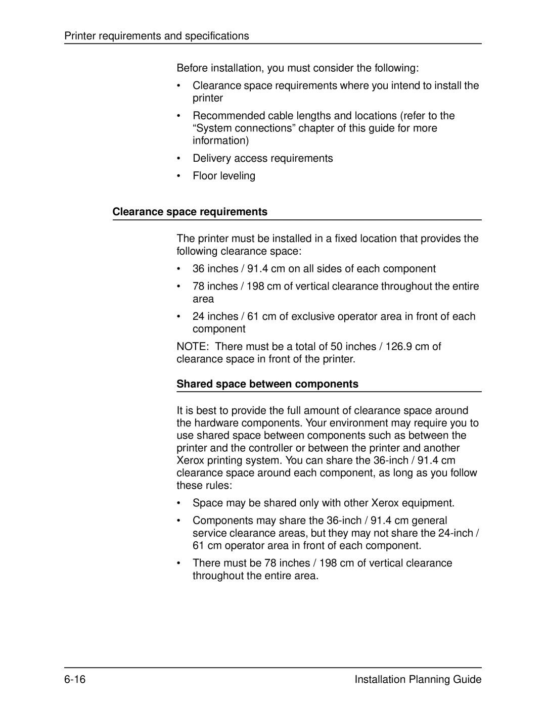 Xerox 100, 155, 135, 115 manual Clearance space requirements, Shared space between components 