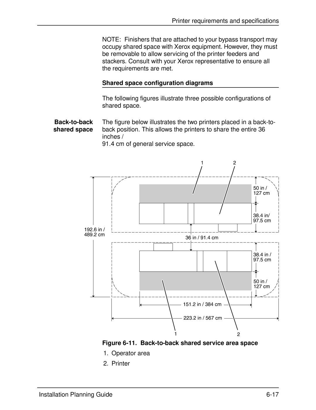 Xerox 155, 100, 135, 115 manual Shared space configuration diagrams, Back-to-back shared service area space 