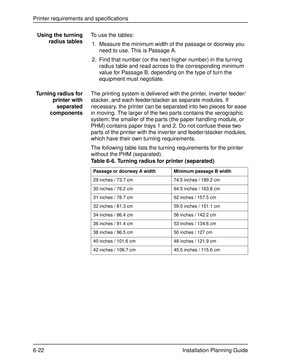 Xerox 135, 100, 155, 115 manual Turning radius for printer separated, Passage or doorway a width Minimum passage B width 