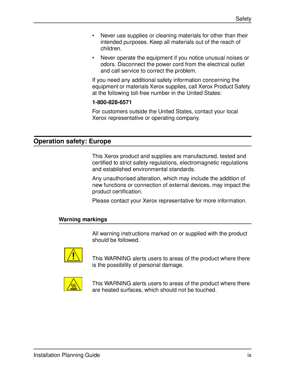 Xerox 155, 100, 135, 115 manual Operation safety Europe 