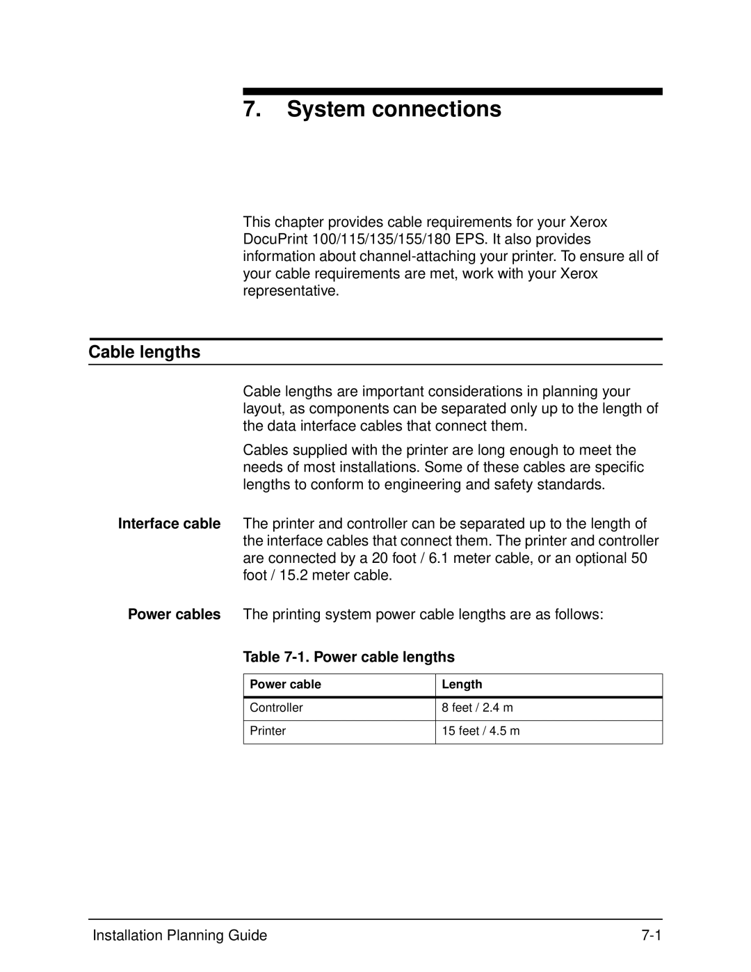 Xerox 115, 100, 155, 135 manual System connections, Cable lengths, Power cable lengths, Power cable Length 