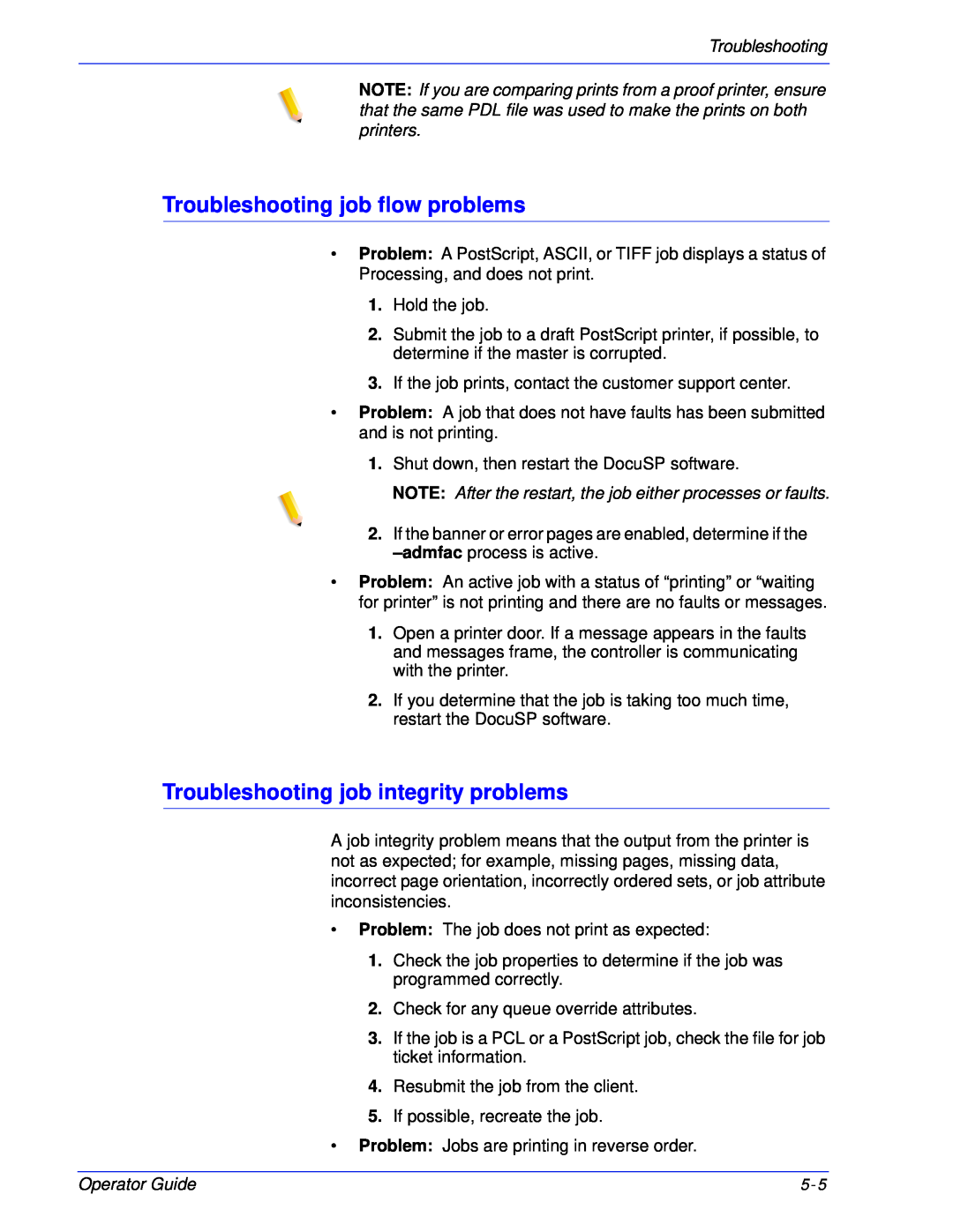 Xerox 180 EPS, 100 manual Troubleshooting job flow problems, Troubleshooting job integrity problems, Operator Guide 