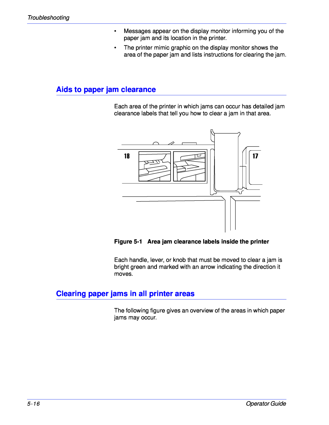 Xerox 100, 180 EPS manual Aids to paper jam clearance, Clearing paper jams in all printer areas, Troubleshooting 