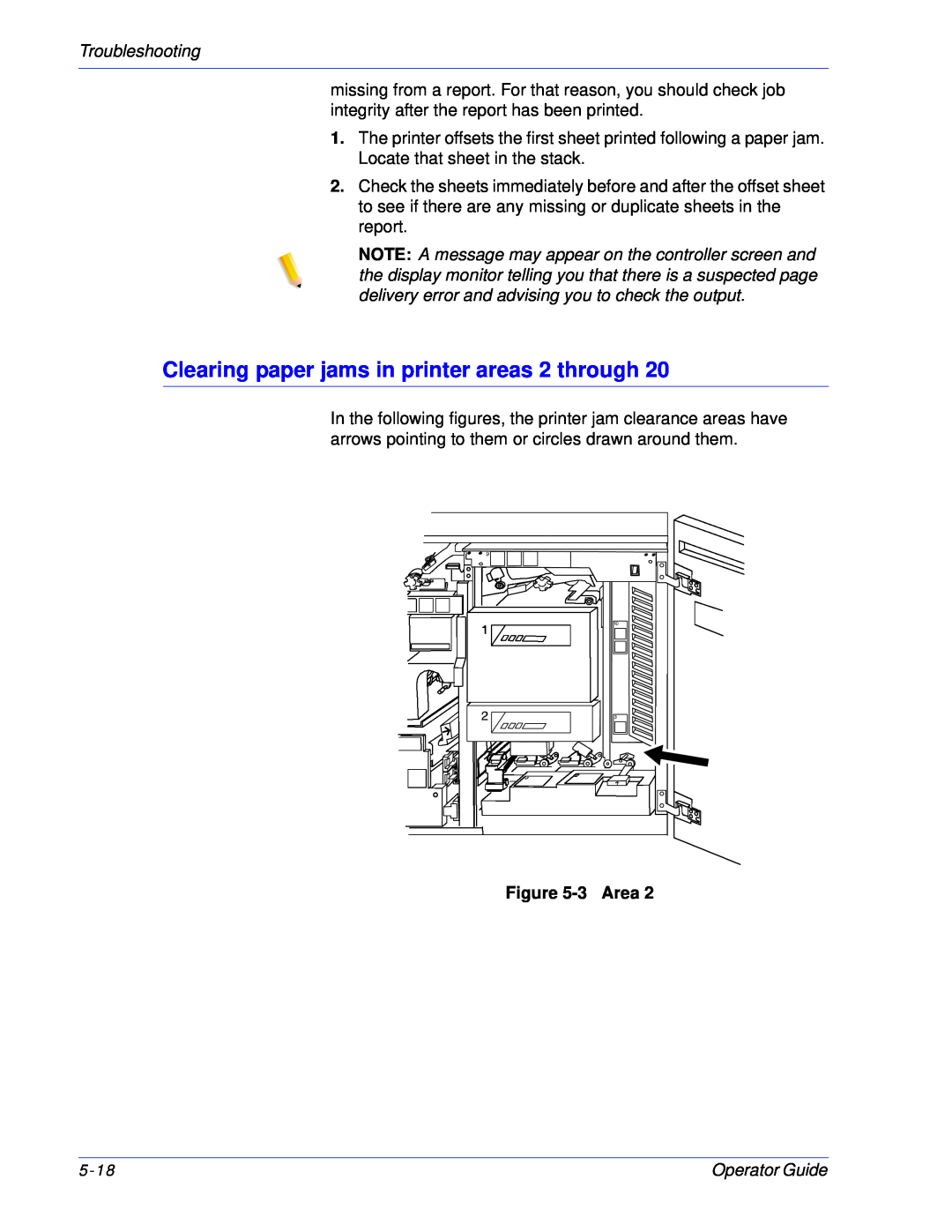 Xerox 100, 180 EPS manual Clearing paper jams in printer areas 2 through, Troubleshooting, 3Area 