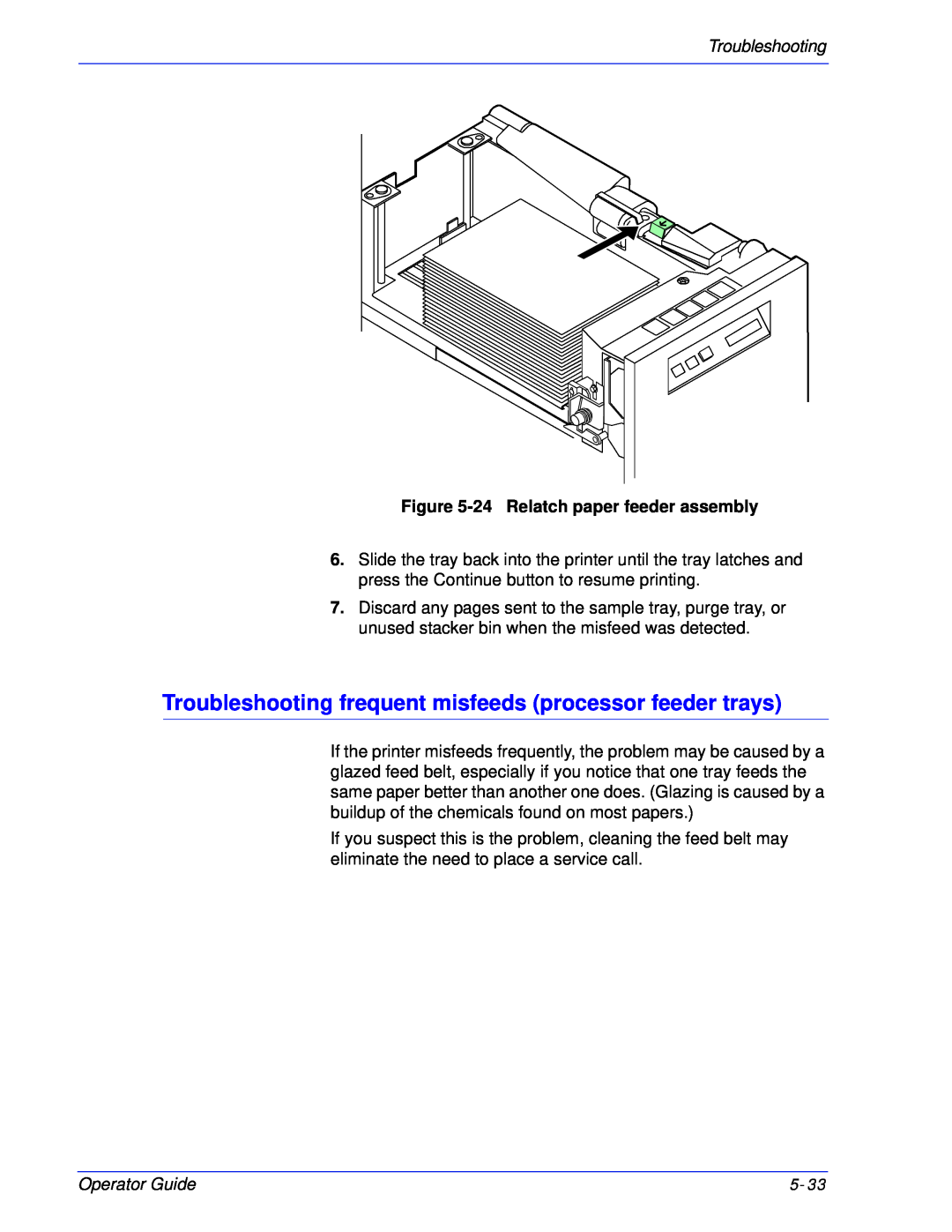 Xerox 180 EPS, 100 manual Troubleshooting, 24Relatch paper feeder assembly, Operator Guide 