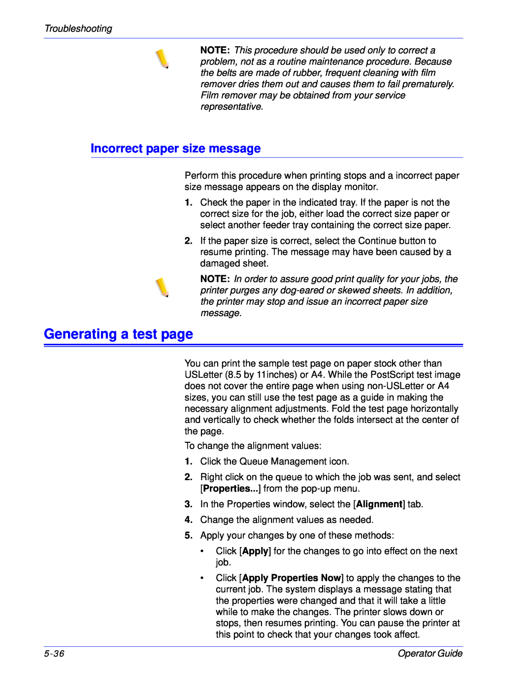 Xerox 100, 180 EPS manual Generating a test page, Incorrect paper size message, Troubleshooting 