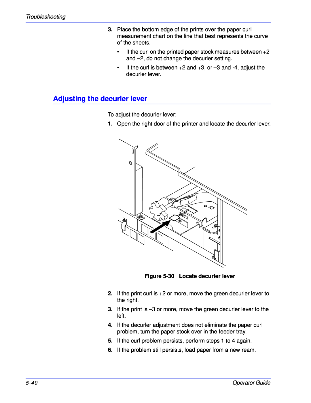 Xerox 100, 180 EPS manual Adjusting the decurler lever, Troubleshooting, 30Locate decurler lever 