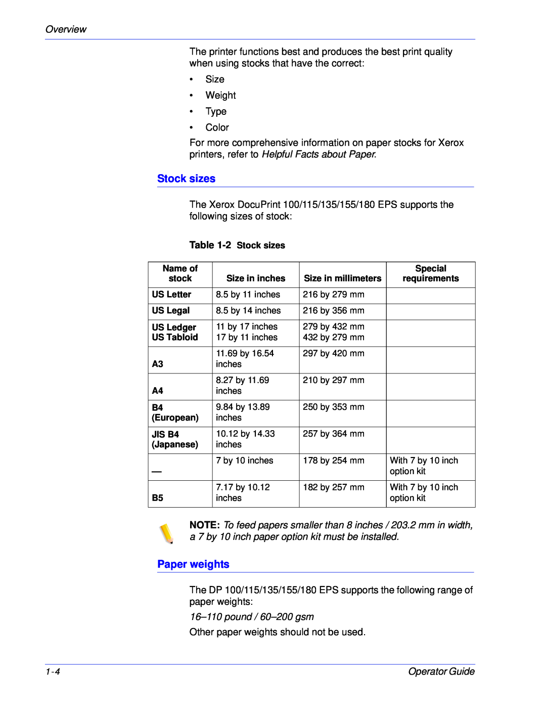 Xerox 100, 180 EPS manual Stock sizes, Paper weights, 16–110pound / 60–200gsm, Overview 