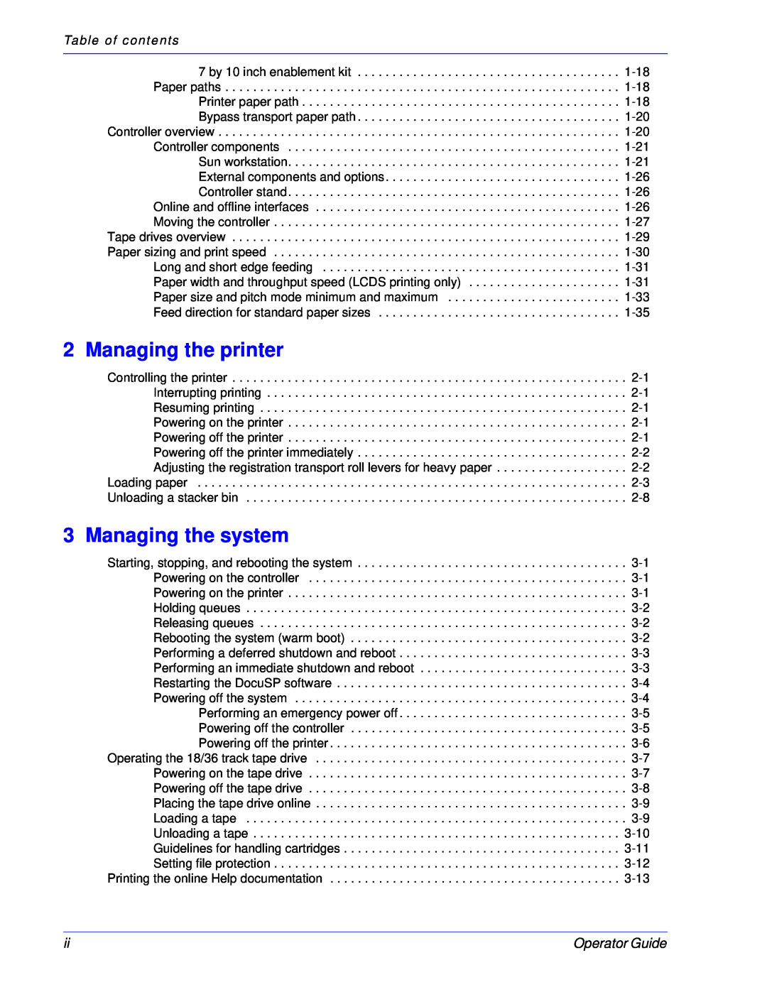 Xerox 100, 180 EPS manual Managing the printer, Managing the system, Operator Guide, Table of contents 