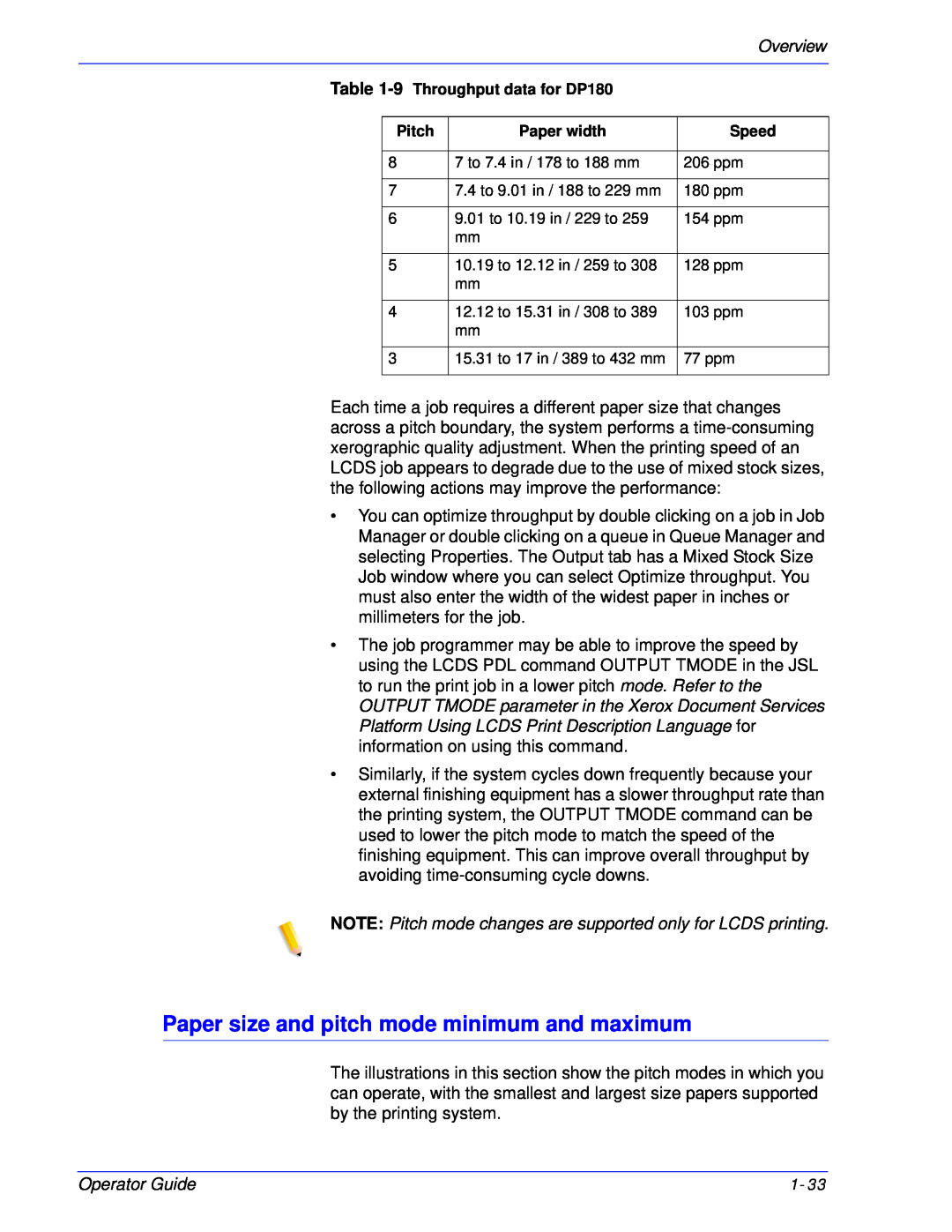 Xerox 180 EPS, 100 manual Paper size and pitch mode minimum and maximum, Overview, Operator Guide 