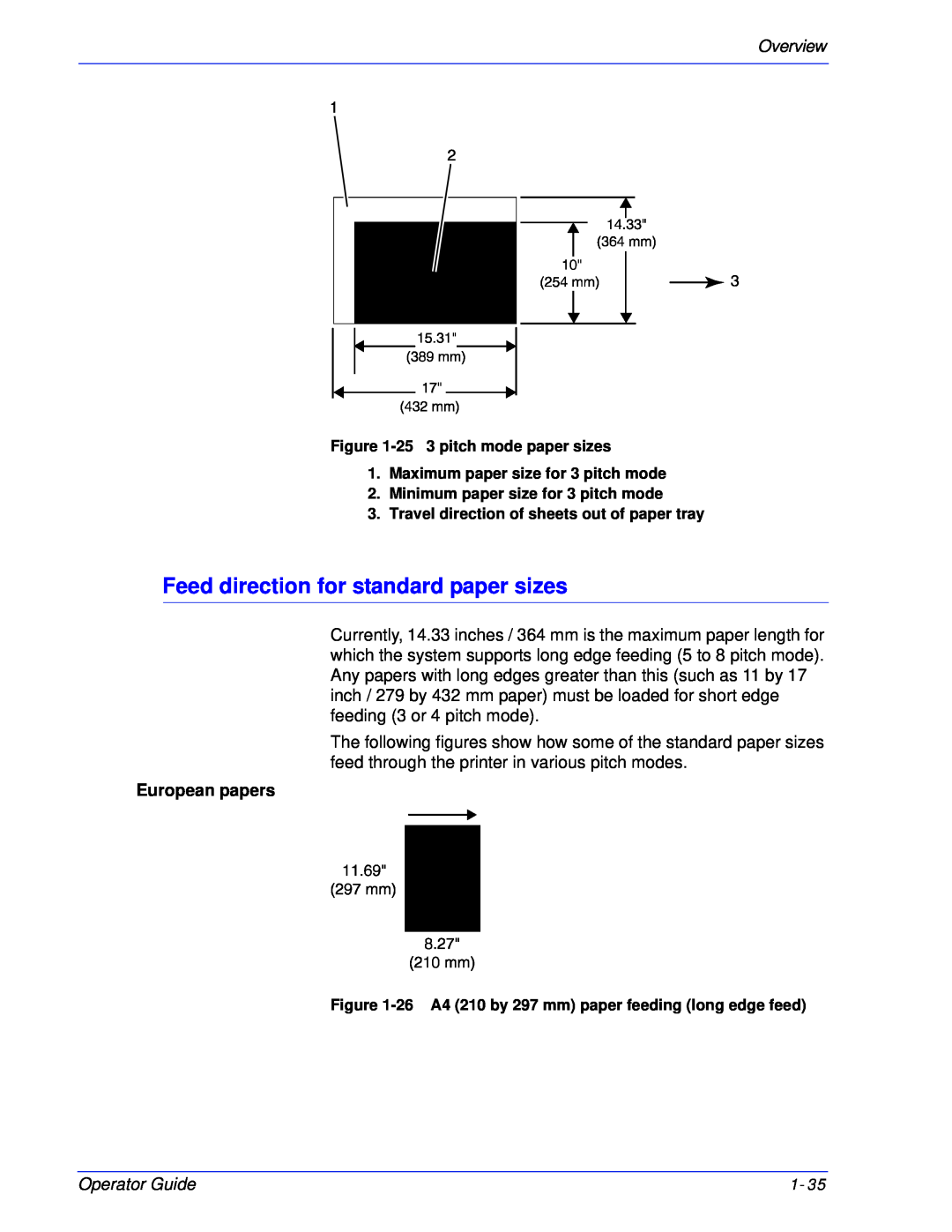 Xerox 180 EPS, 100 manual Feed direction for standard paper sizes, Overview, European papers, Operator Guide 