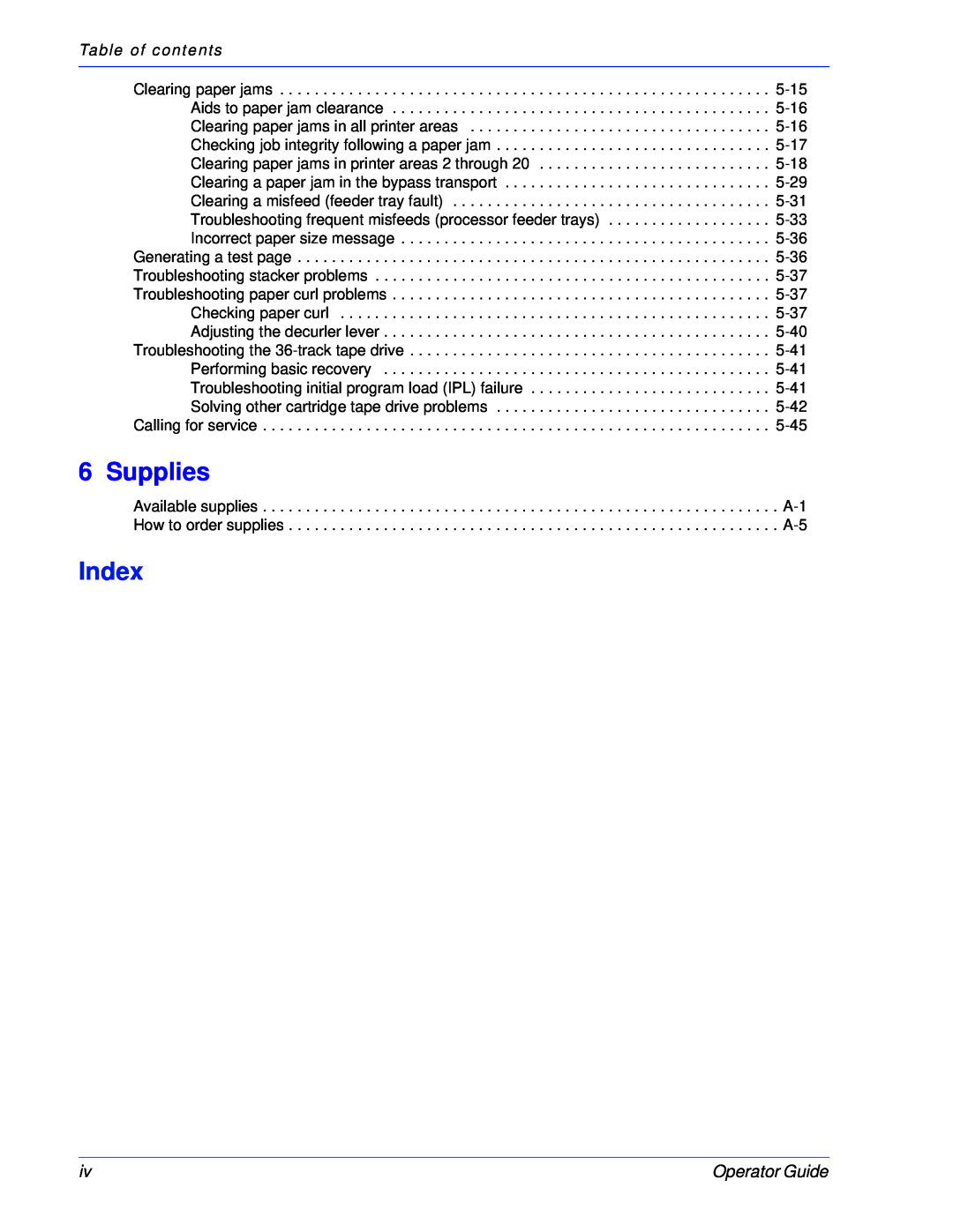 Xerox 100, 180 EPS manual Supplies, Index, Operator Guide, Table of contents 