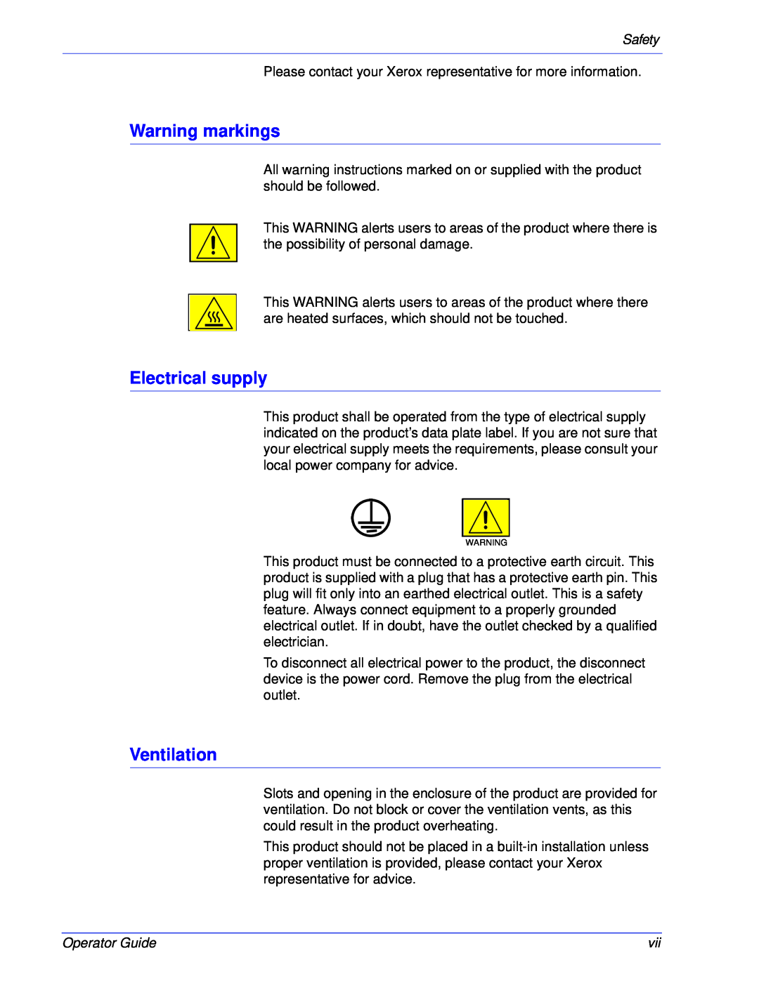 Xerox 180 EPS, 100 manual Warning markings, Electrical supply, Ventilation, Safety, Operator Guide 