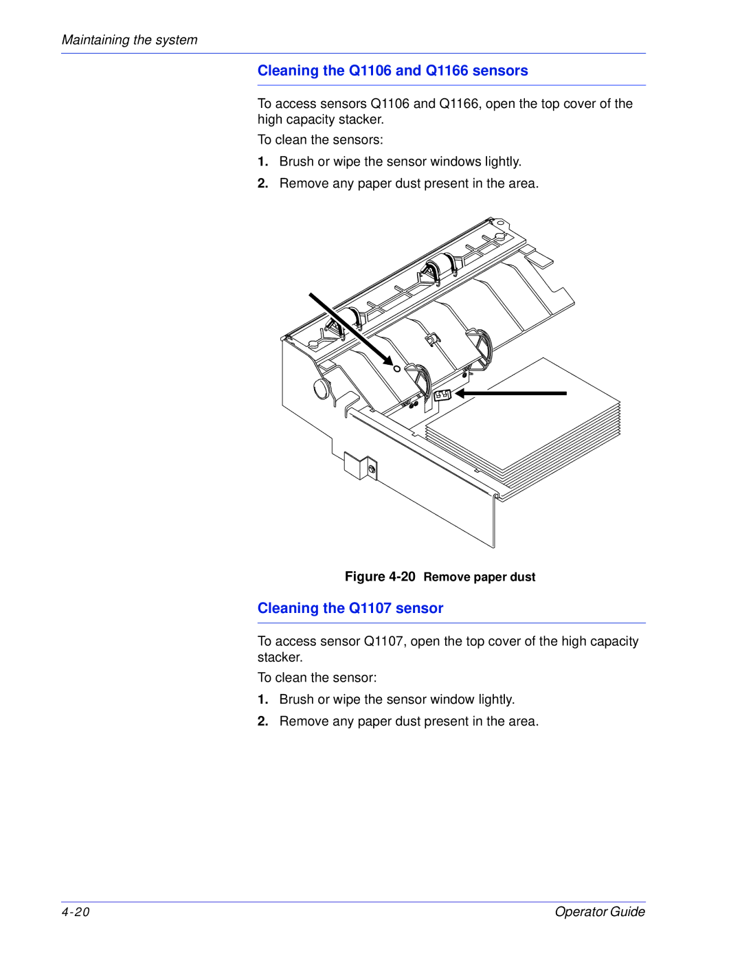 Xerox 100, 180 EPS manual Cleaning the Q1106 and Q1166 sensors 