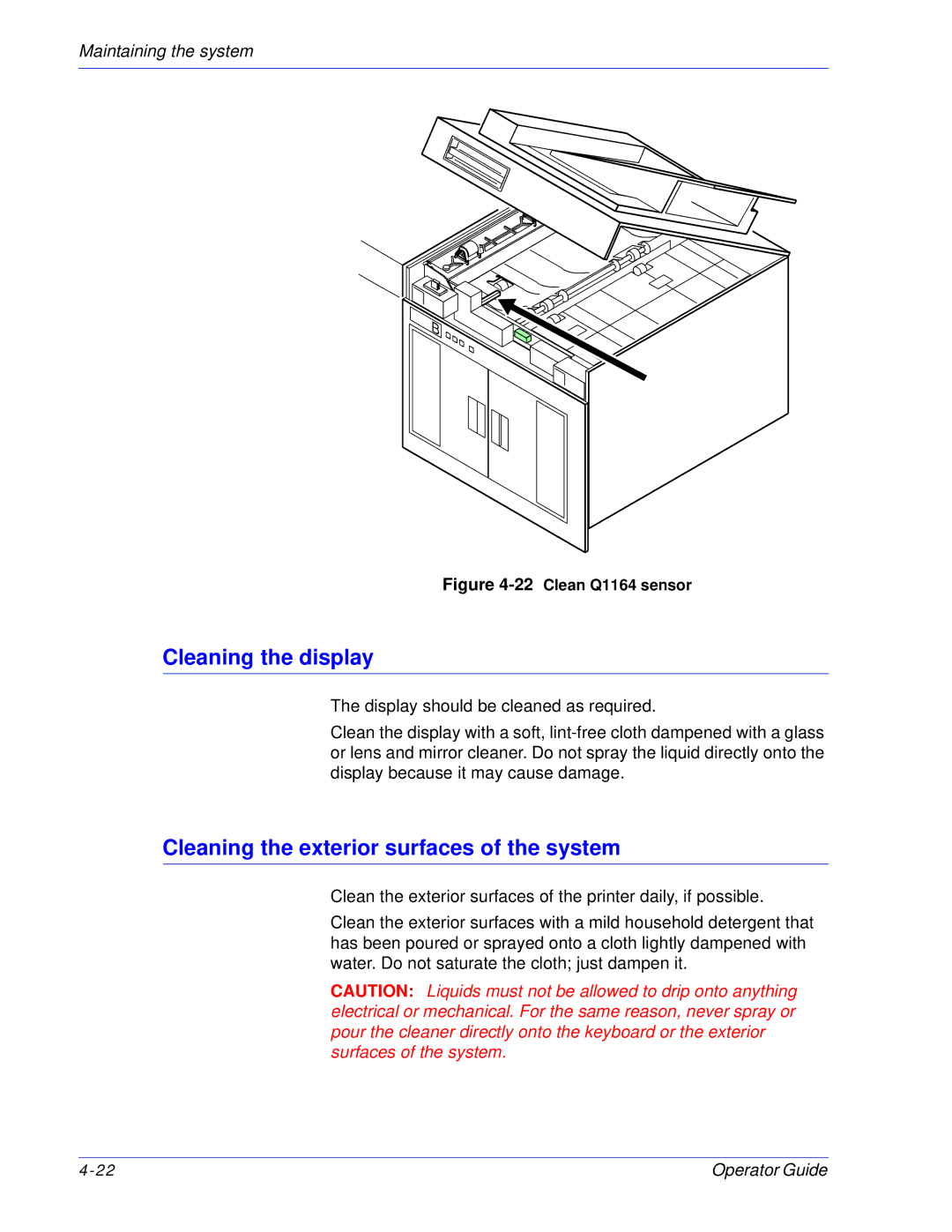 Xerox 100, 180 EPS manual Cleaning the display, Cleaning the exterior surfaces of the system 