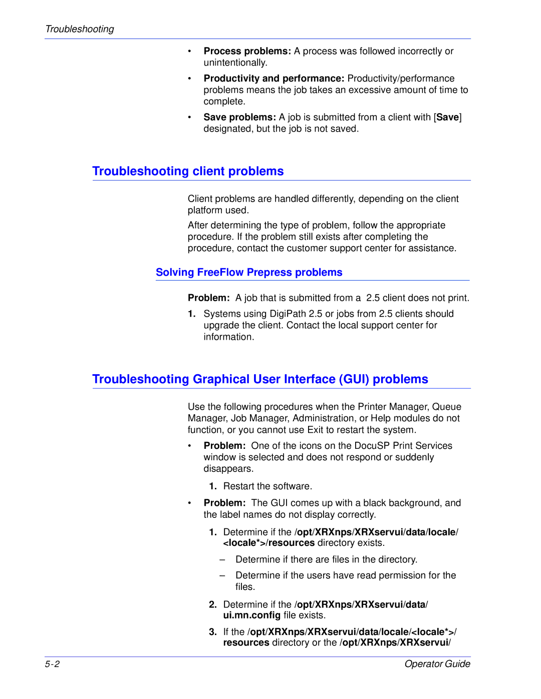 Xerox 100, 180 EPS manual Troubleshooting client problems, Troubleshooting Graphical User Interface GUI problems 