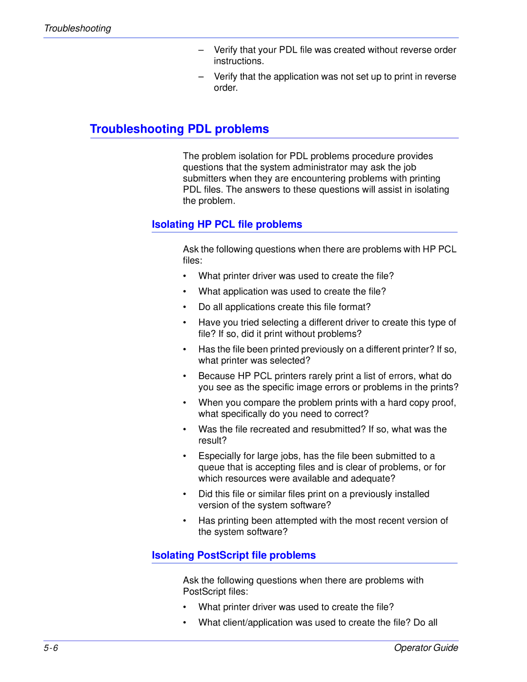 Xerox 100, 180 EPS manual Troubleshooting PDL problems, Isolating HP PCL file problems, Isolating PostScript file problems 