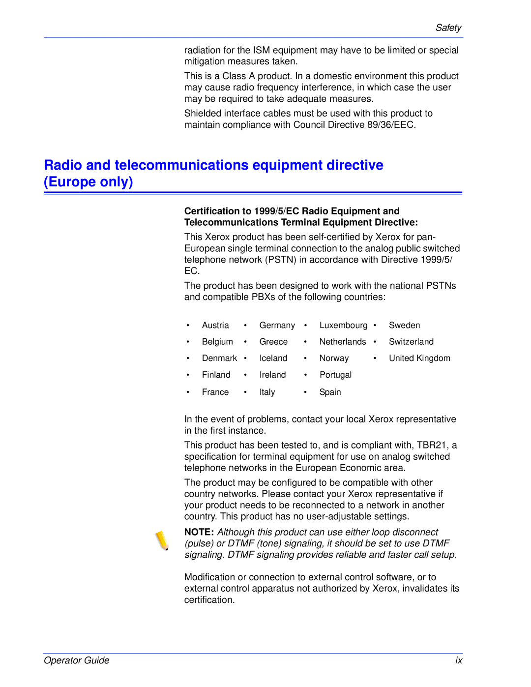 Xerox 180 EPS, 100 manual Radio and telecommunications equipment directive Europe only 