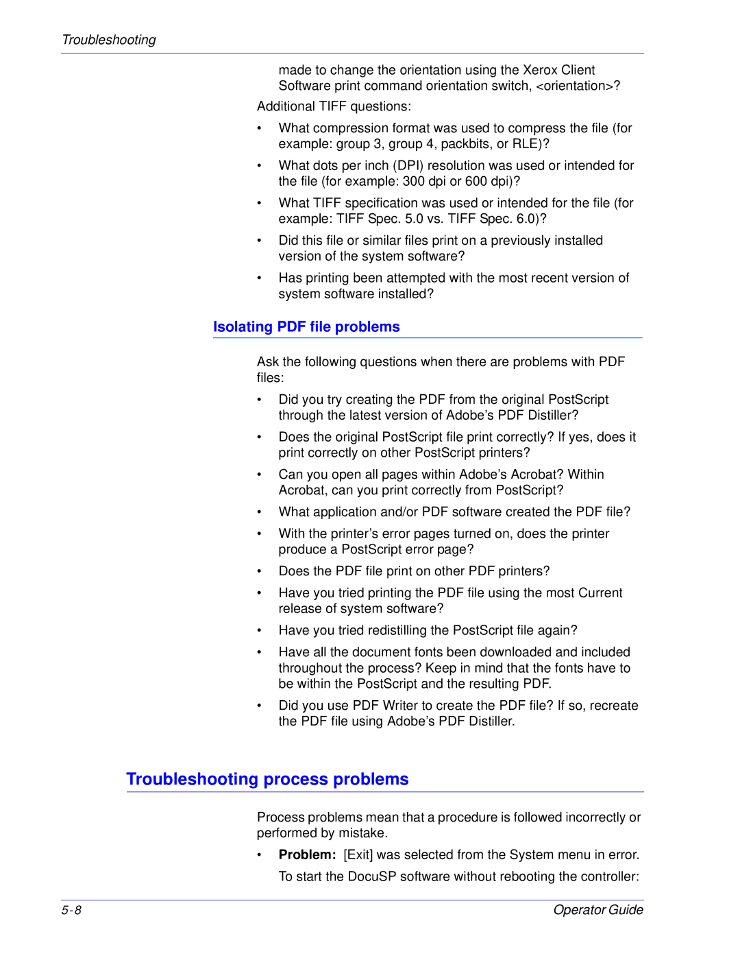 Xerox 100, 180 EPS manual Troubleshooting process problems 