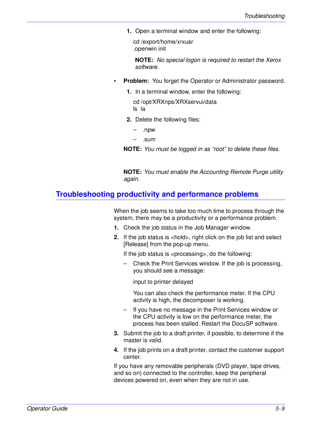 Xerox 180 EPS, 100 manual Troubleshooting productivity and performance problems, Cd /export/home/xrxusr Openwin-init 